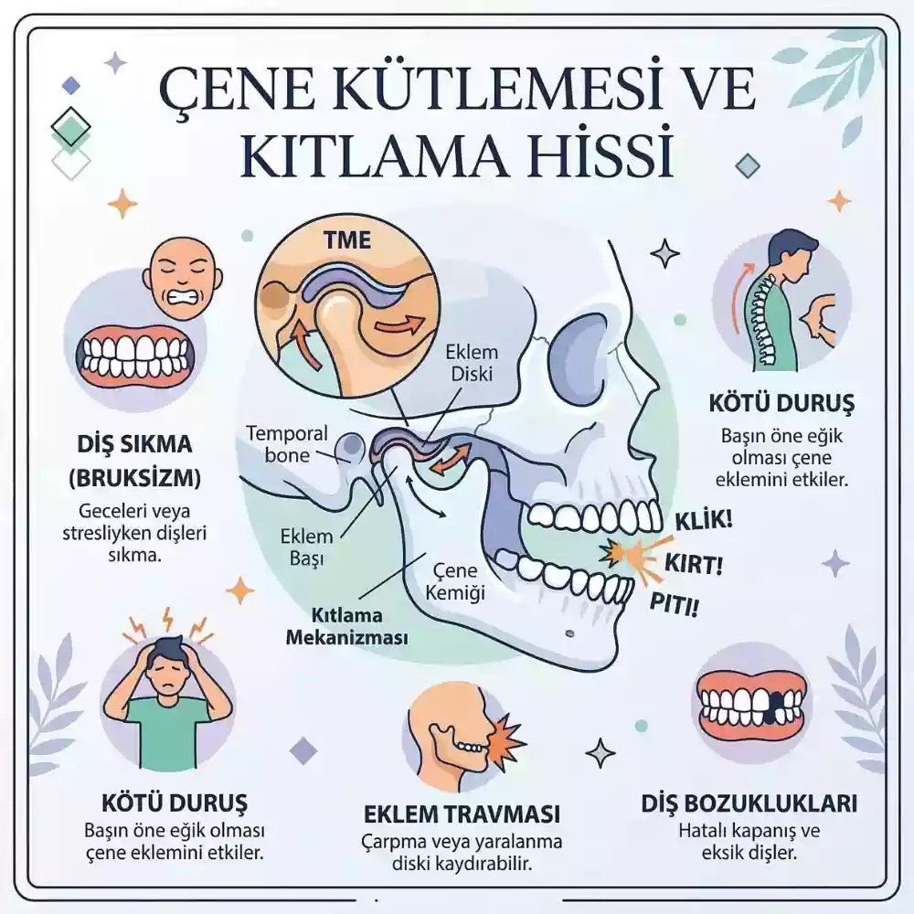 Çene kütlemesi ve kıtlama hissi, çene ekleminden klik sesi gelmesi