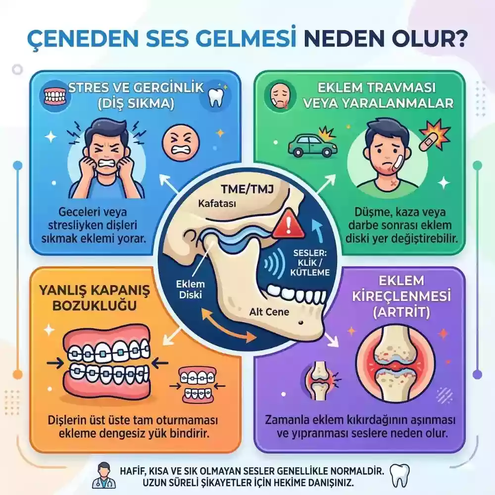 Çeneden ses gelmesi neden olur, çene eklemi diski ve temporomandibular bozukluklar