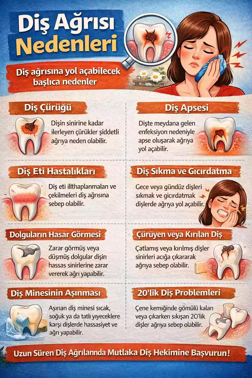 Çocuklarda ve Gebelikte Diş Ağrısı – Çocuklarda ilaç dozu yaş ve kiloya göre belirlenir. Gebelikte gerekli diş tedavisi otomatik olarak ertelenmez; hekimle planlanır.