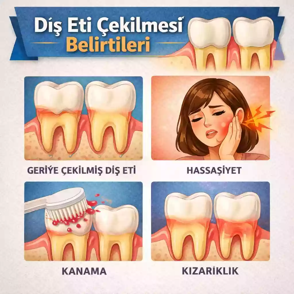 Diş eti çekilmesi belirtileri, diş hassasiyeti ve diş kökünün görünmesi