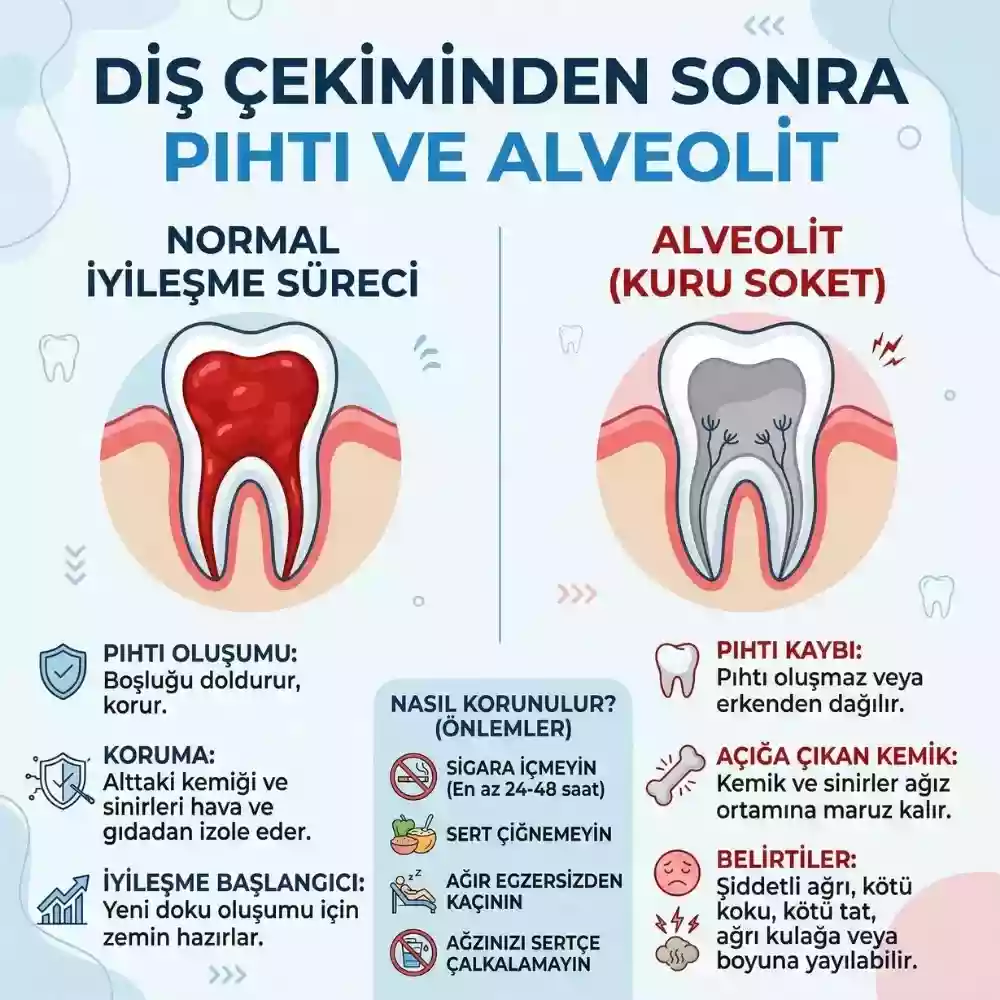 Diş çekiminden sonra pıhtı ve alveolit – normal iyileşme ve alveolit farkı
