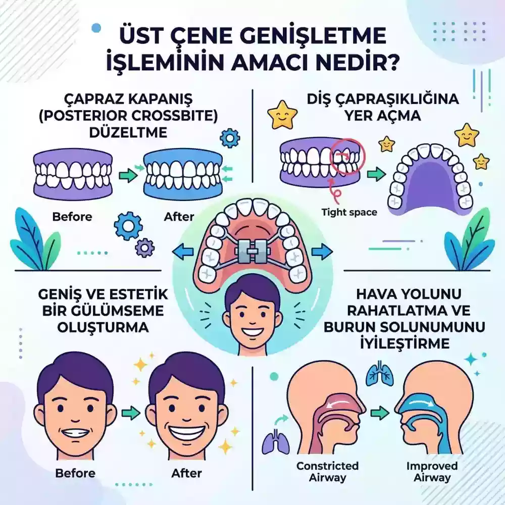 Üst çene genişletme işleminin amacı, çapraz kapanış ve diş dizilimi