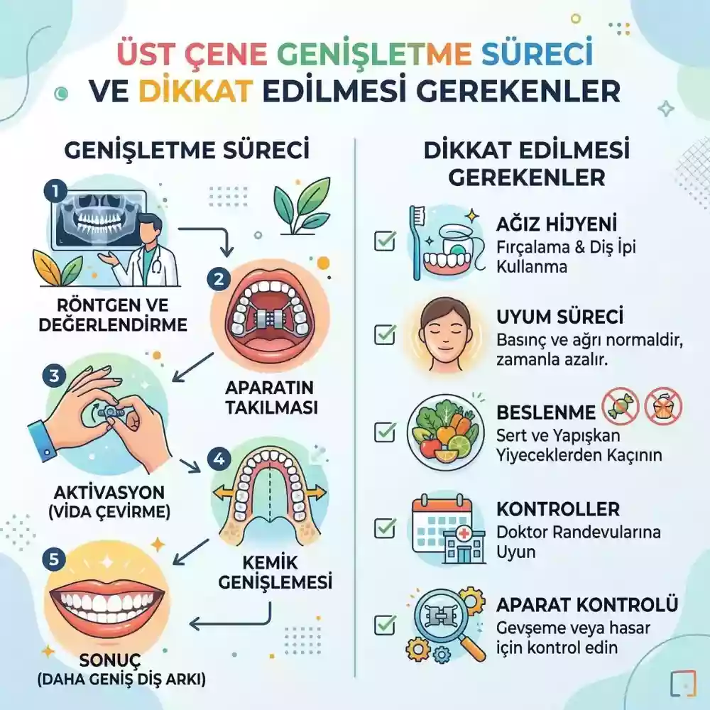 Üst çene genişletme süreci, damak genişletme apareyi bakımı ve tedavi kontrolleri