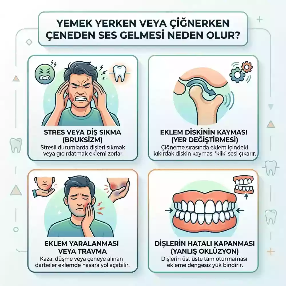 Yemek yerken veya çiğnerken çeneden ses gelmesi neden olur?