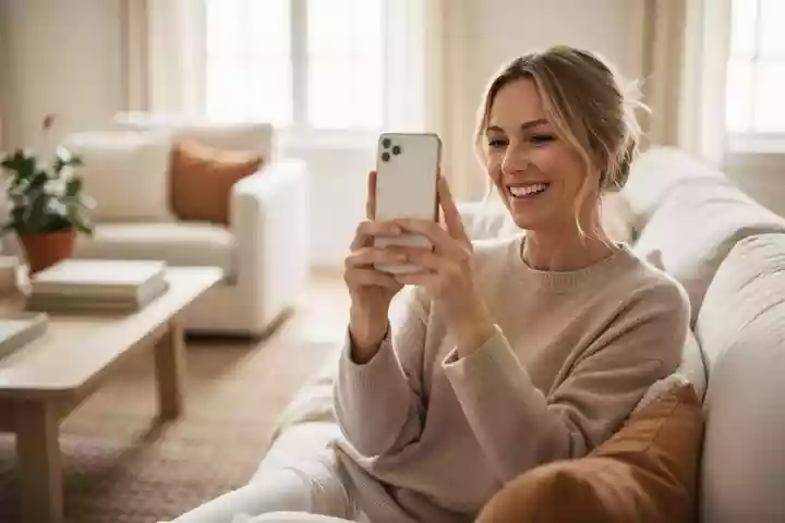 Online consultation – patient taking a photo of her smile at home