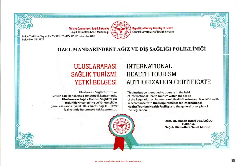 MandarinDent Bodrum – International Health Tourism Authorisation Certificate, Ministry of Health of the Republic of Türkiye